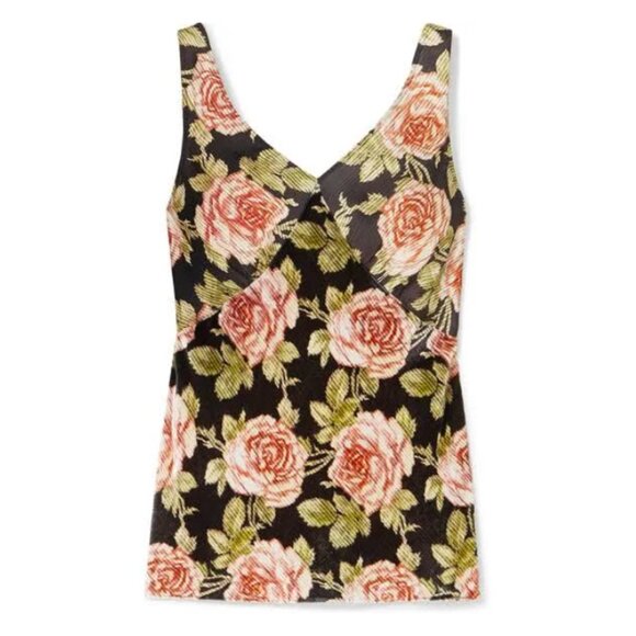 PACO Rabanne - Brown / Pink Multi Silk & Velvet Mixed Media Floral Rose V-Neck - Picture 5 of 14